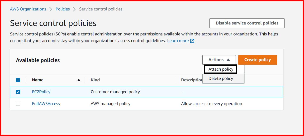 Picture showing the attach policy menu for attaching the policy